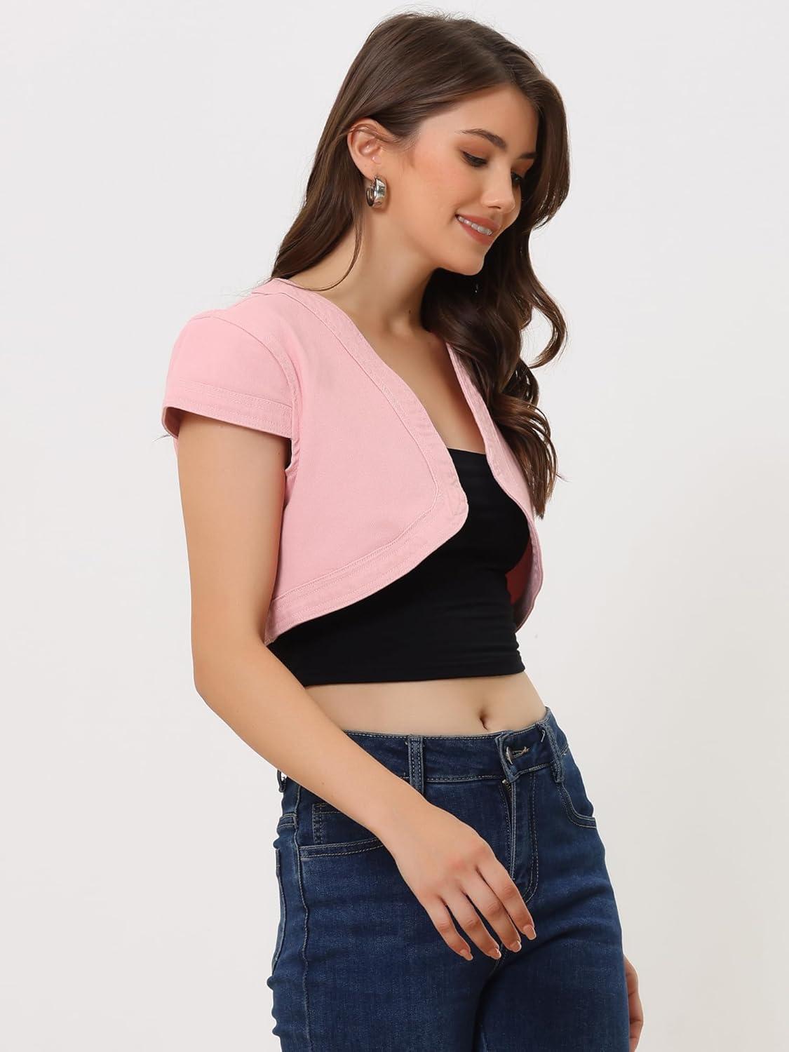 imageAllegra K Womens Denim Jacket Crop Casual Denim Cardigan Cap Sleeve Summer Outfits Jean Jacket ShrugPink