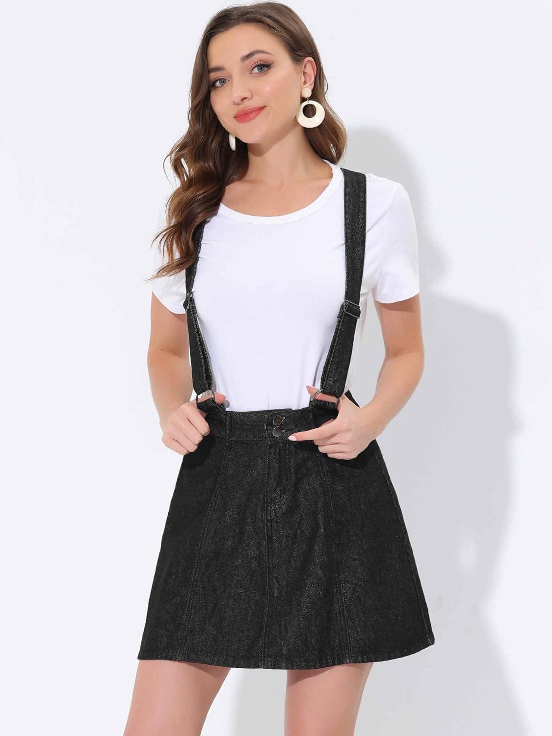imageAllegra K Womens Denim Skirt Overall Adjustable Strap Braces Mini Suspender Washed Jean SkirtsBlack
