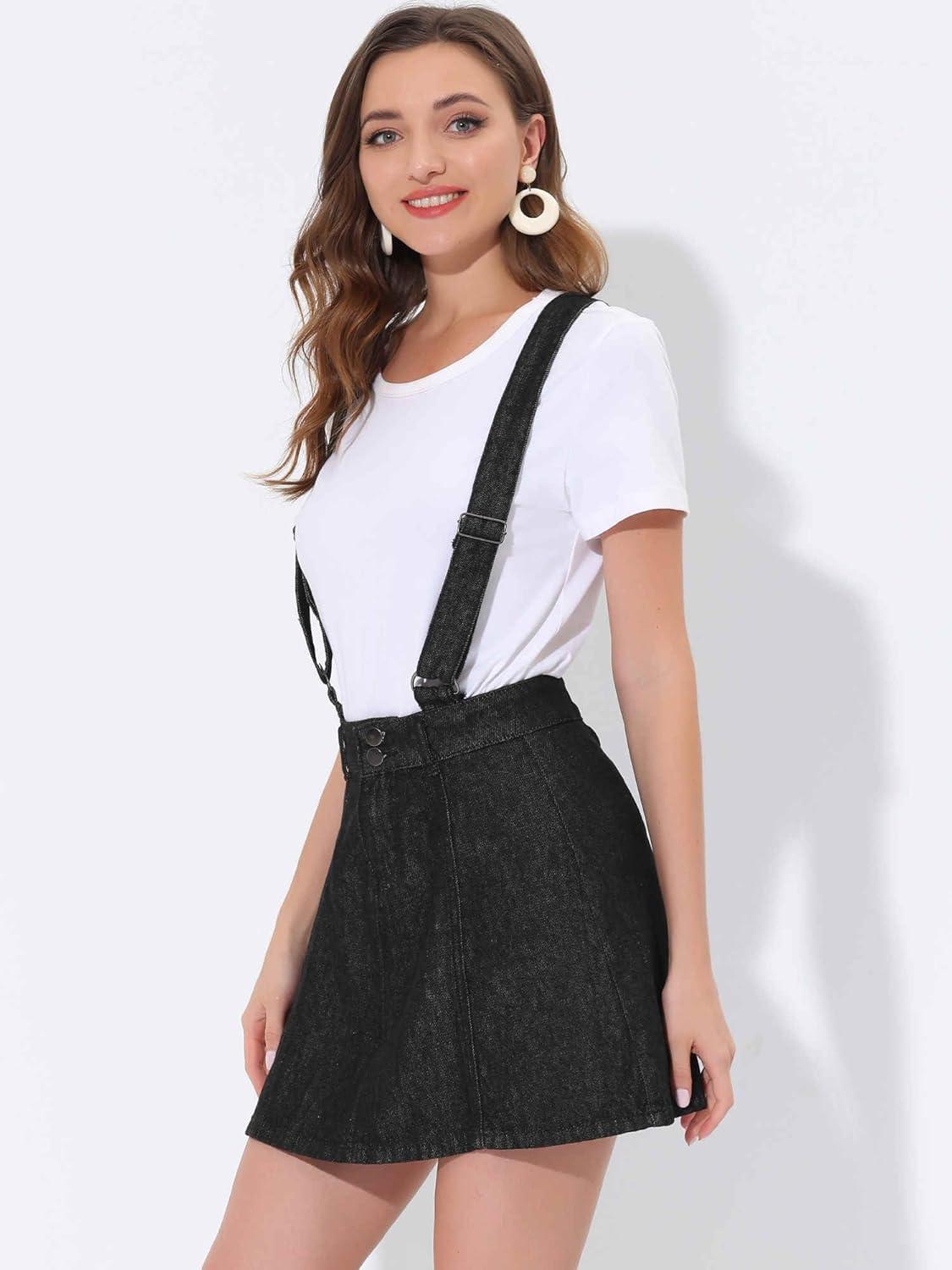 imageAllegra K Womens Denim Skirt Overall Adjustable Strap Braces Mini Suspender Washed Jean SkirtsBlack