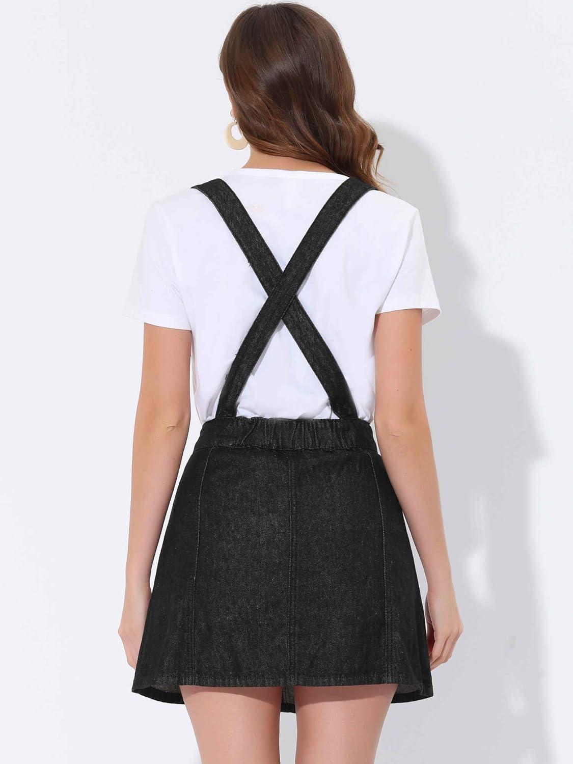 imageAllegra K Womens Denim Skirt Overall Adjustable Strap Braces Mini Suspender Washed Jean SkirtsBlack