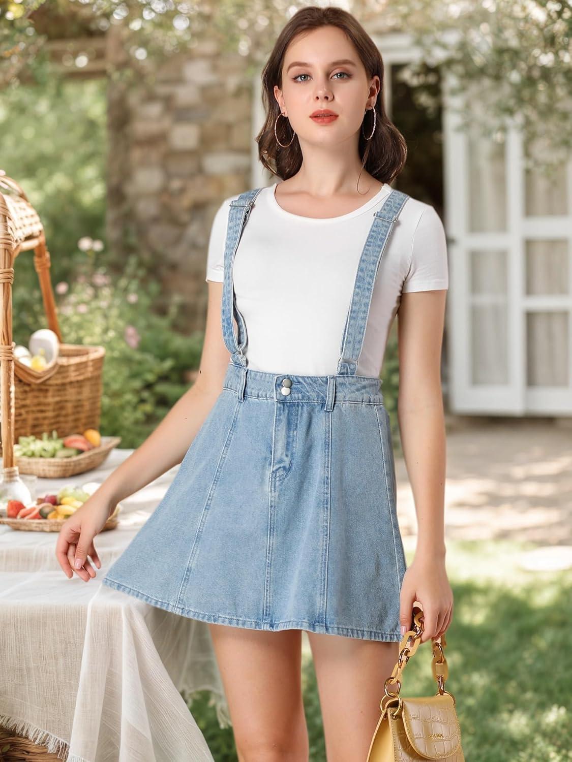 imageAllegra K Womens Denim Skirt Overall Adjustable Strap Braces Mini Suspender Washed Jean SkirtsBlue
