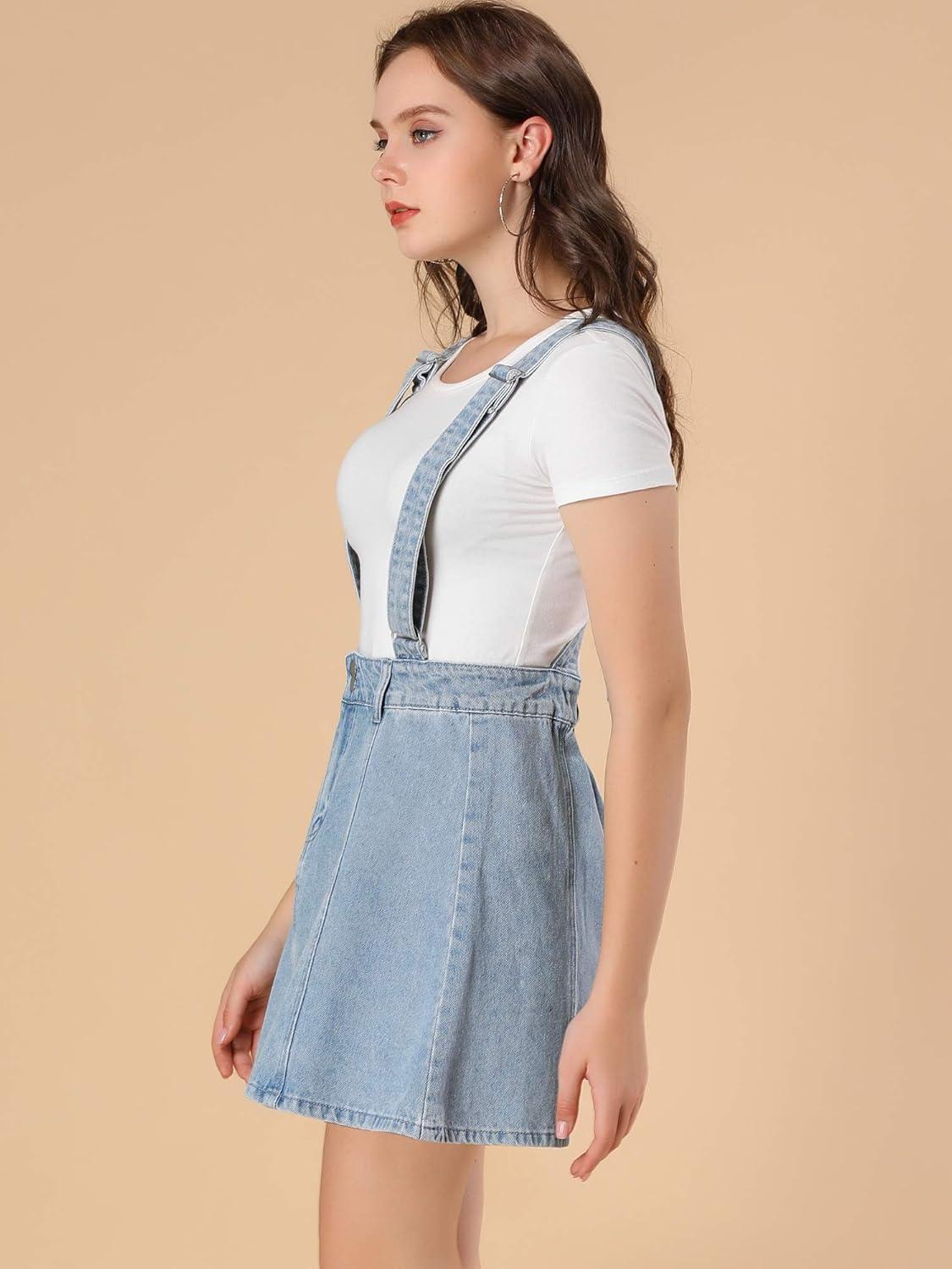 imageAllegra K Womens Denim Skirt Overall Adjustable Strap Braces Mini Suspender Washed Jean SkirtsBlue