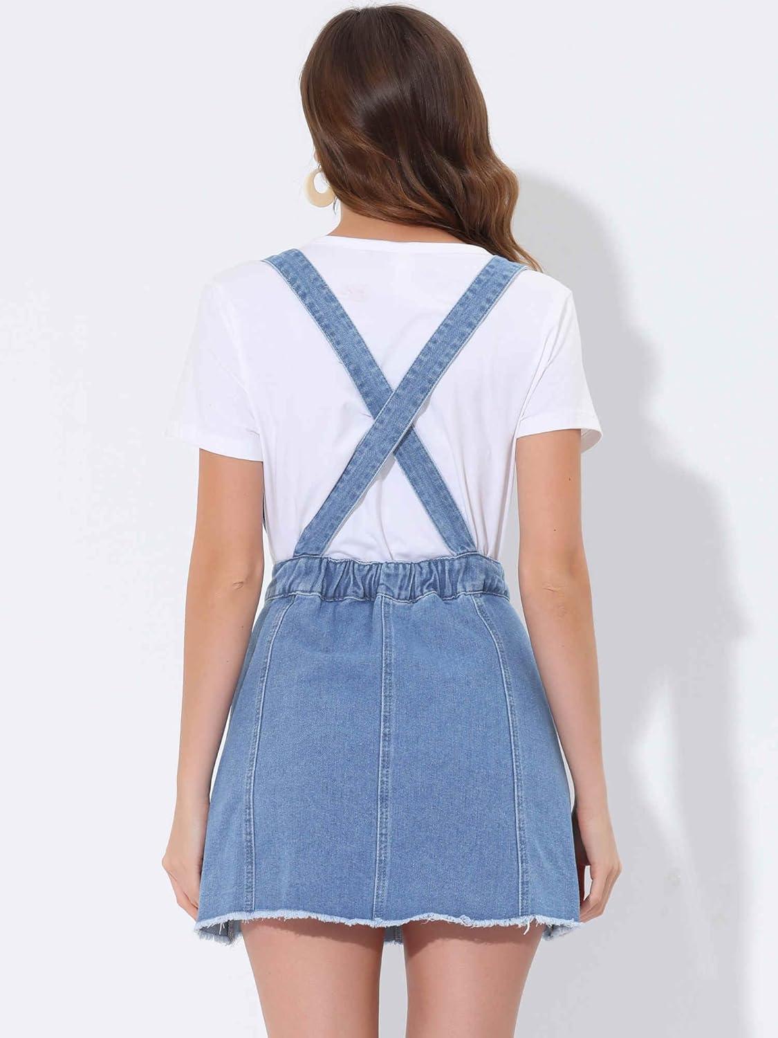imageAllegra K Womens Denim Skirt Overall Adjustable Strap Braces Mini Suspender Washed Jean SkirtsBlue Frayed