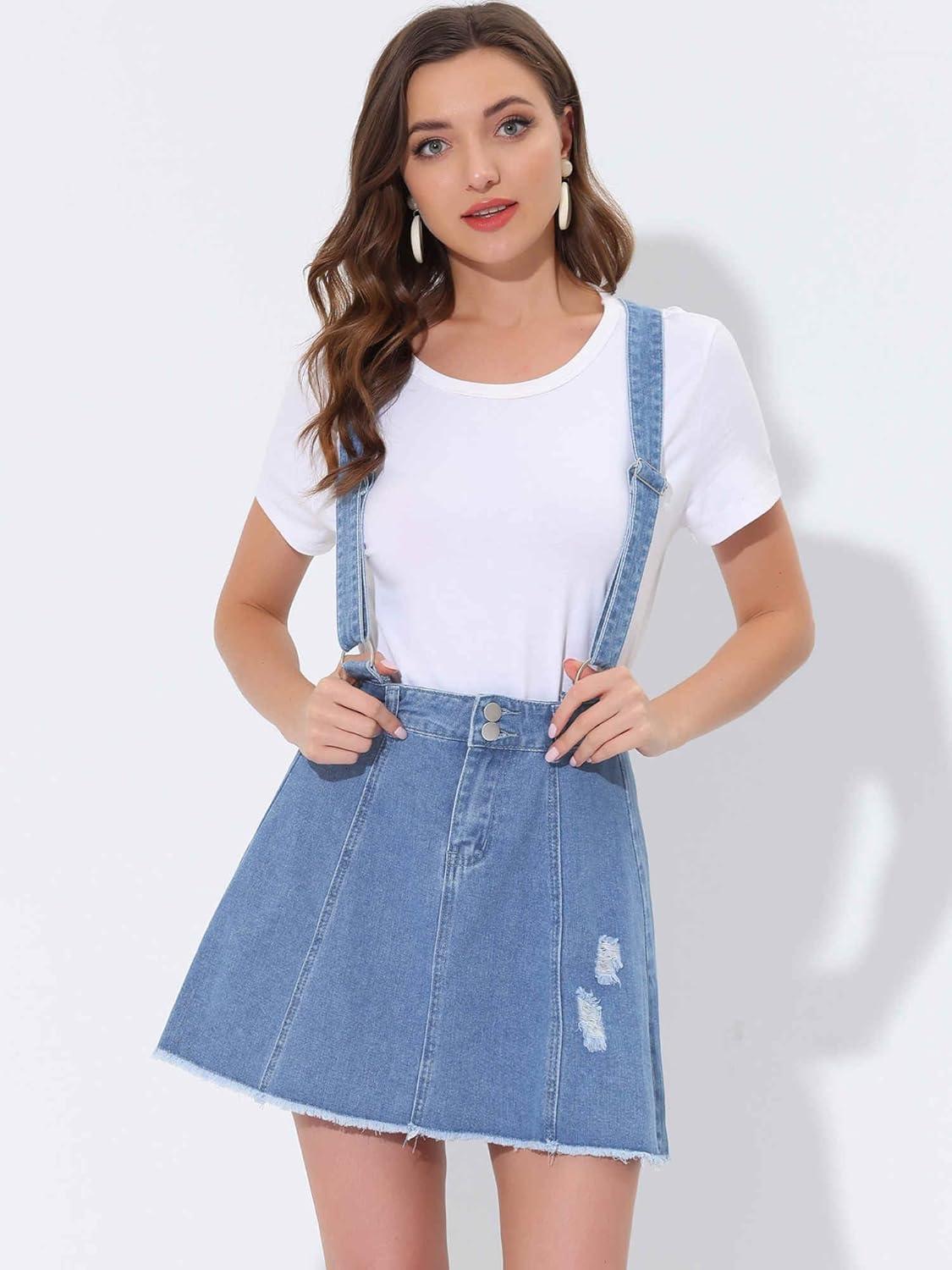 imageAllegra K Womens Denim Skirt Overall Adjustable Strap Braces Mini Suspender Washed Jean SkirtsBlue Frayed