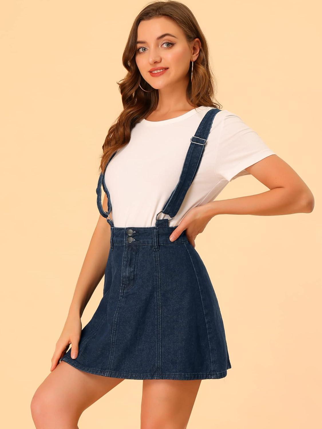 imageAllegra K Womens Denim Skirt Overall Adjustable Strap Braces Mini Suspender Washed Jean SkirtsDark Blue