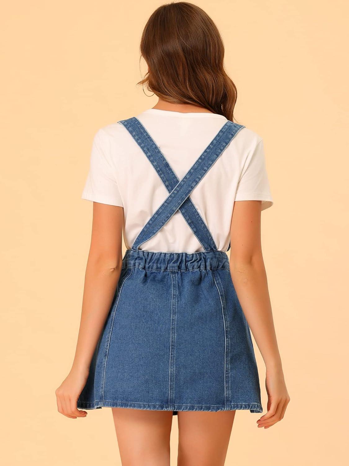 imageAllegra K Womens Denim Skirt Overall Adjustable Strap Braces Mini Suspender Washed Jean SkirtsM Blue