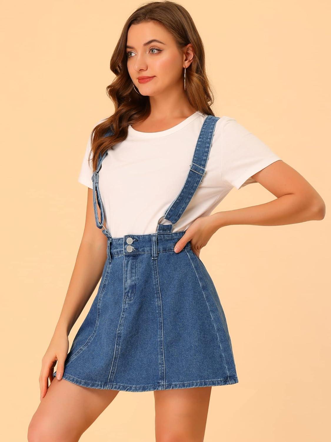 imageAllegra K Womens Denim Skirt Overall Adjustable Strap Braces Mini Suspender Washed Jean SkirtsM Blue