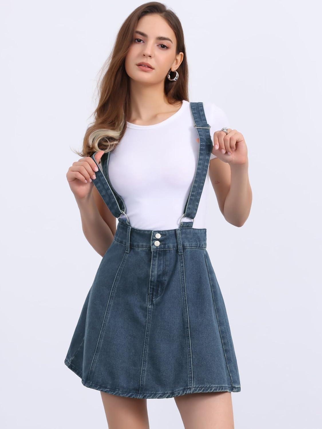 imageAllegra K Womens Denim Skirt Overall Adjustable Strap Braces Mini Suspender Washed Jean SkirtsVintage Blue
