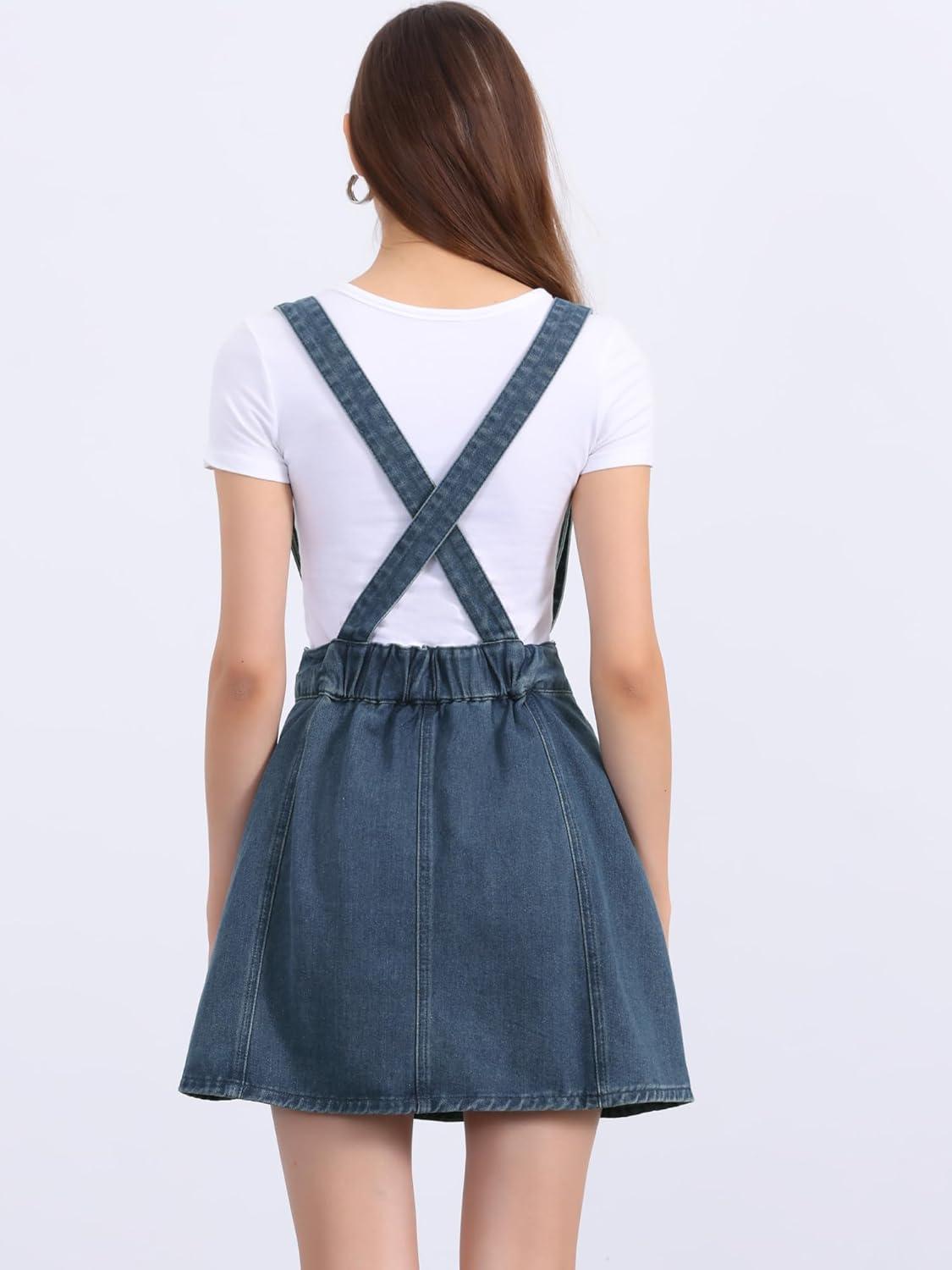 imageAllegra K Womens Denim Skirt Overall Adjustable Strap Braces Mini Suspender Washed Jean SkirtsVintage Blue