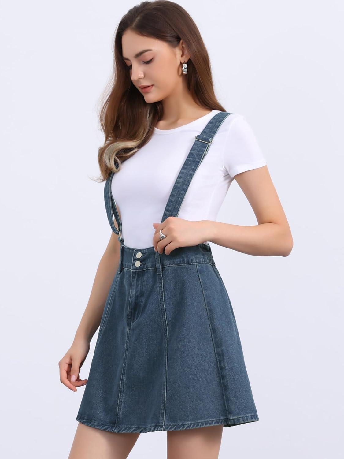 imageAllegra K Womens Denim Skirt Overall Adjustable Strap Braces Mini Suspender Washed Jean SkirtsVintage Blue