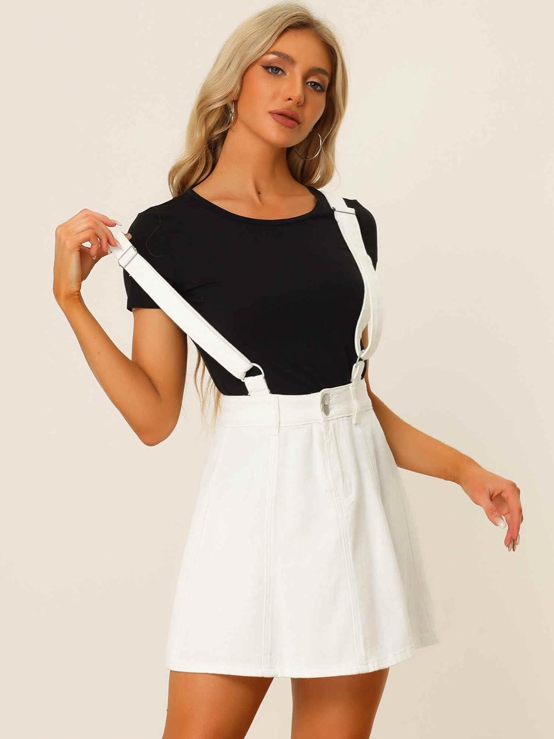imageAllegra K Womens Denim Skirt Overall Adjustable Strap Braces Mini Suspender Washed Jean SkirtsWhite