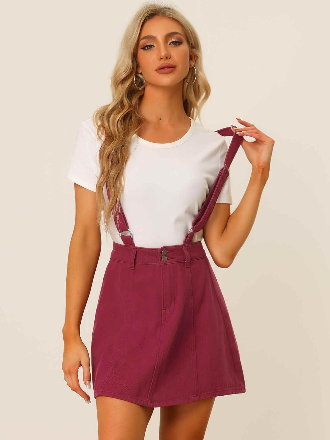 imageAllegra K Womens Denim Skirt Overall Adjustable Strap Braces Mini Suspender Washed Jean SkirtsWine Red