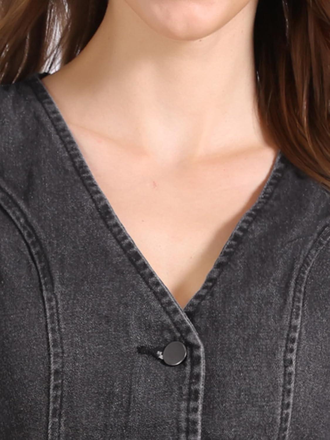 imageAllegra K Womens Denim Vest Waistcoat Button V Neck Western Casual Jean Sleeveless Crop JacketBlack