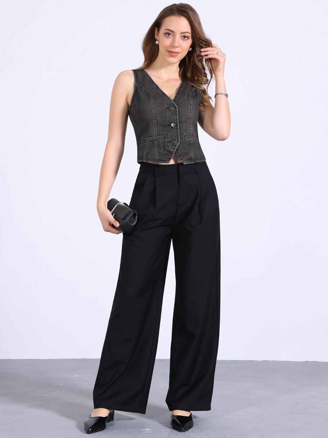 imageAllegra K Womens Denim Vest Waistcoat Button V Neck Western Casual Jean Sleeveless Crop JacketBlack