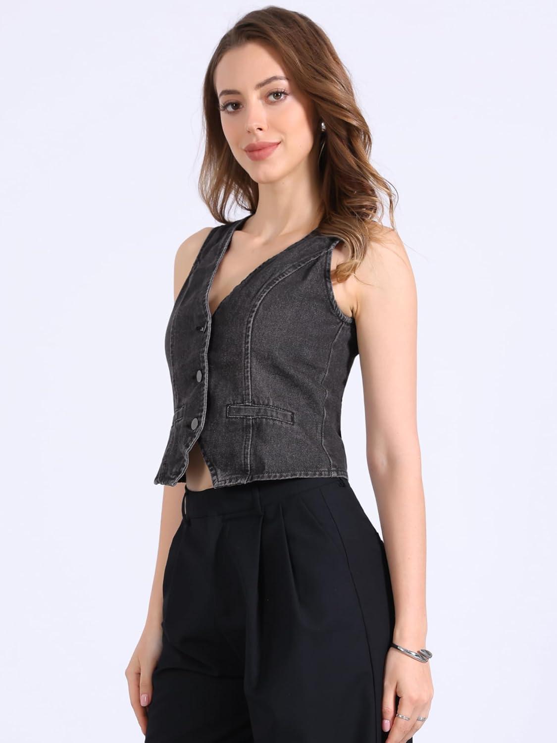 imageAllegra K Womens Denim Vest Waistcoat Button V Neck Western Casual Jean Sleeveless Crop JacketBlack