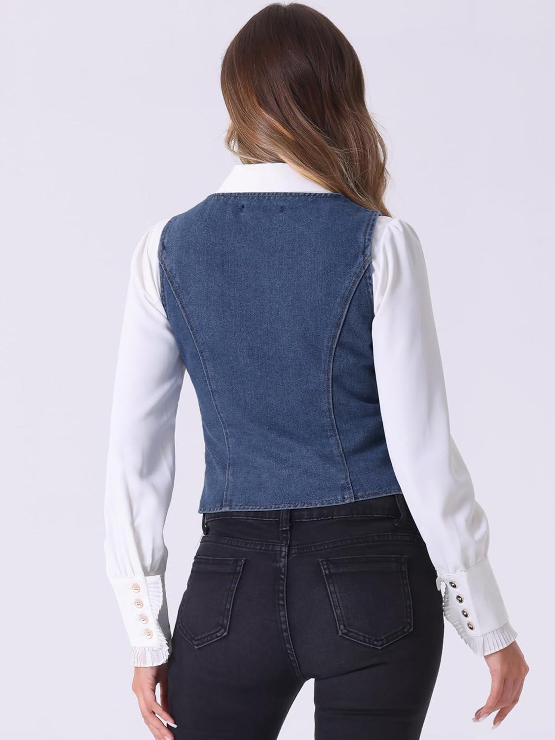 imageAllegra K Womens Denim Vest Waistcoat Button V Neck Western Casual Jean Sleeveless Crop JacketBlue