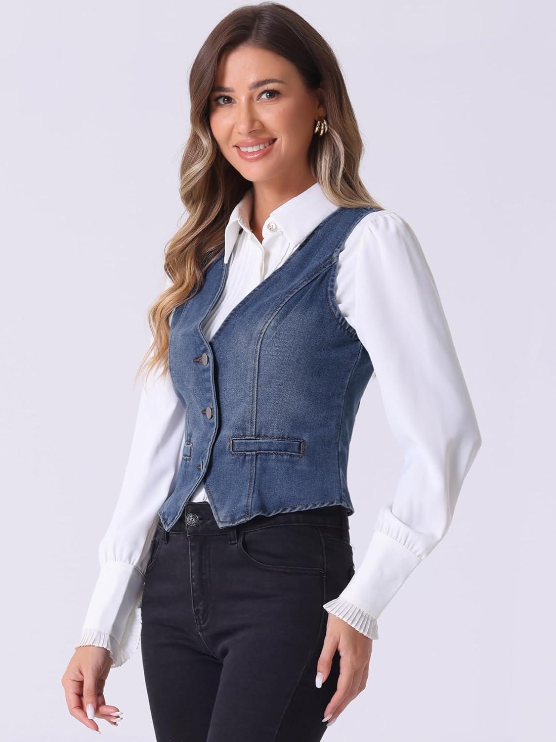 imageAllegra K Womens Denim Vest Waistcoat Button V Neck Western Casual Jean Sleeveless Crop JacketBlue