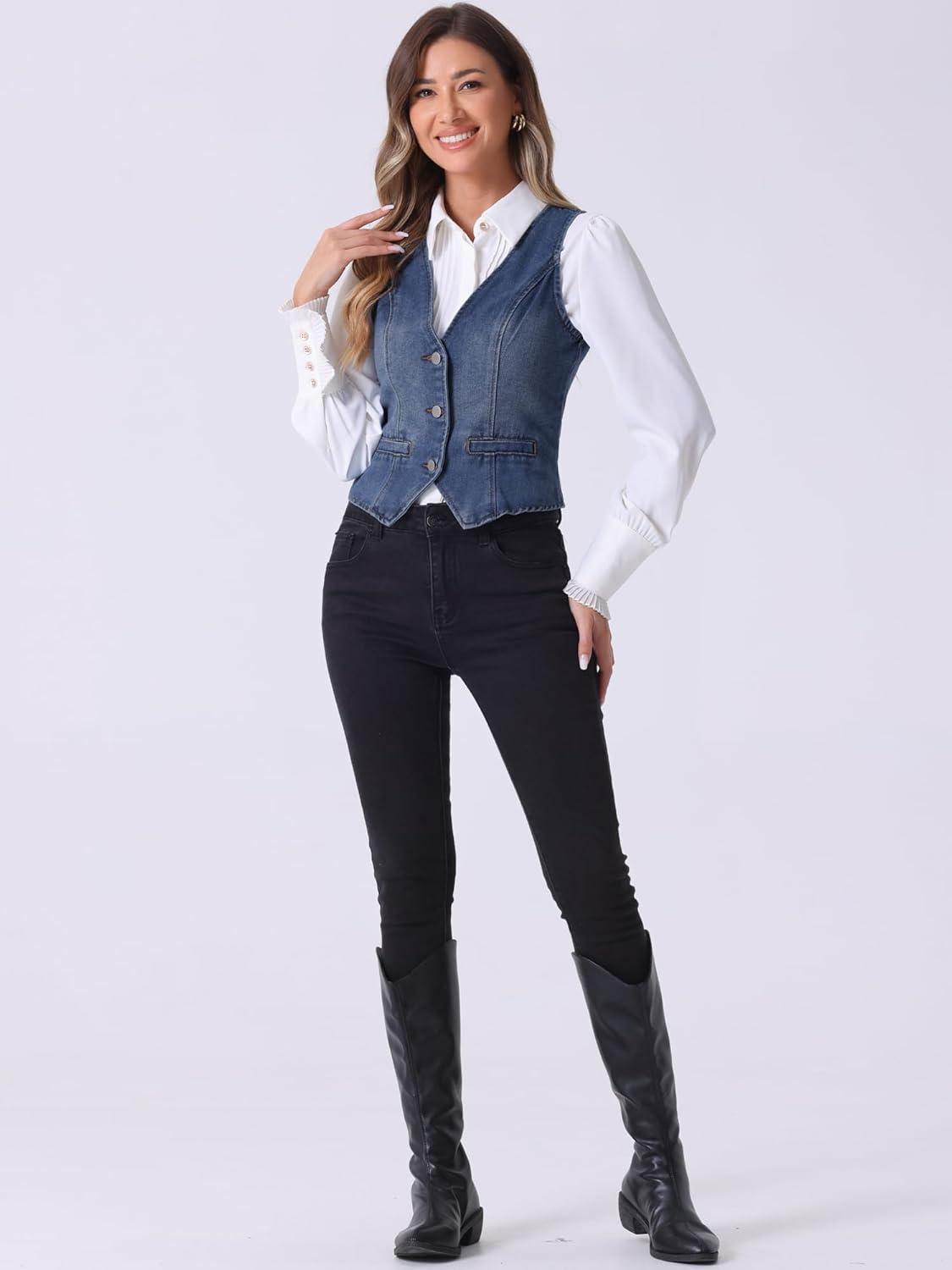 imageAllegra K Womens Denim Vest Waistcoat Button V Neck Western Casual Jean Sleeveless Crop JacketBlue