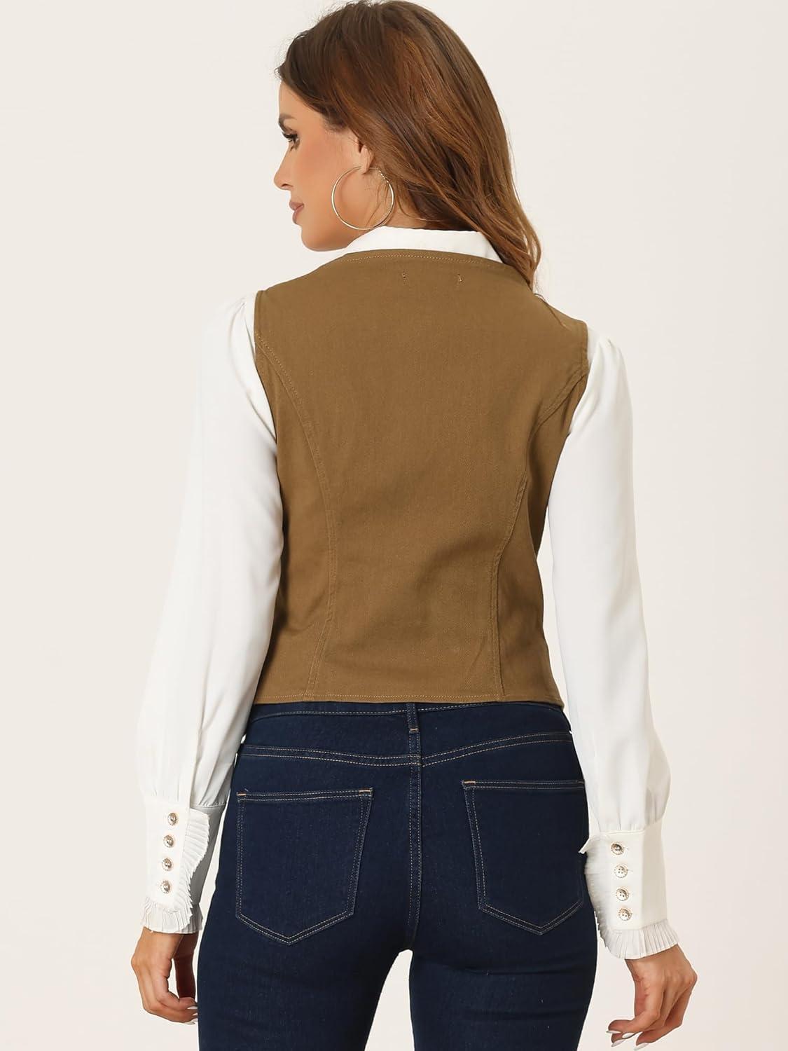 imageAllegra K Womens Denim Vest Waistcoat Button V Neck Western Casual Jean Sleeveless Crop JacketBrown