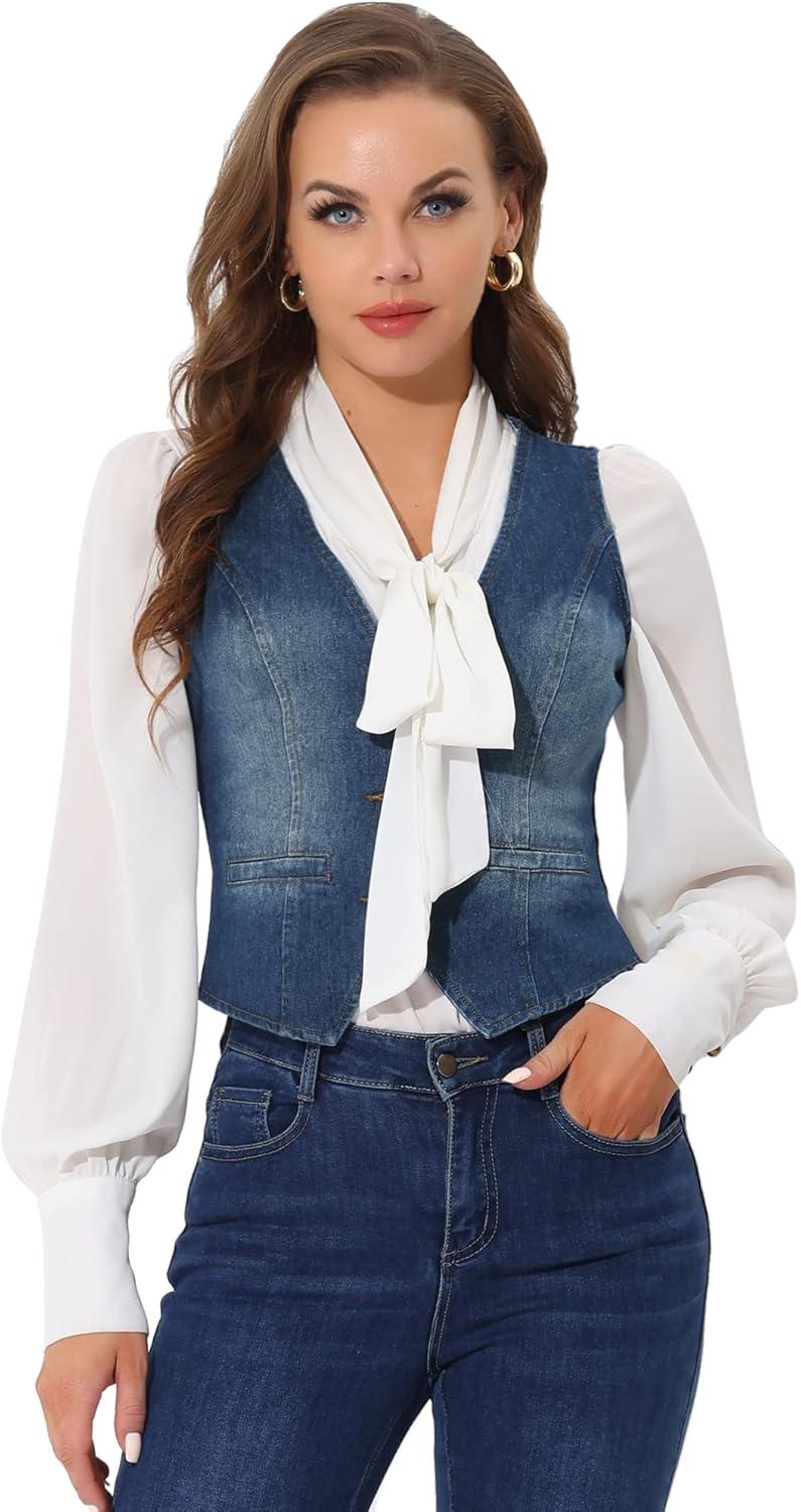 imageAllegra K Womens Denim Vest Waistcoat Button V Neck Western Casual Jean Sleeveless Crop JacketDark Blue