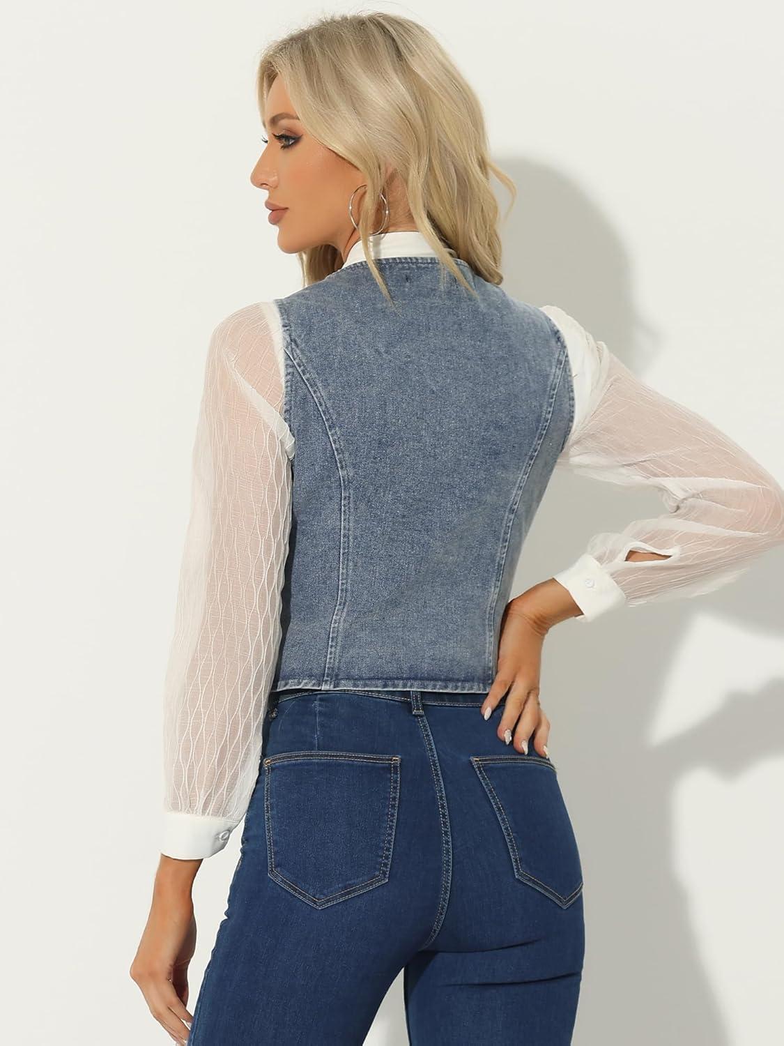 imageAllegra K Womens Denim Vest Waistcoat Button V Neck Western Casual Jean Sleeveless Crop JacketDusty Blue