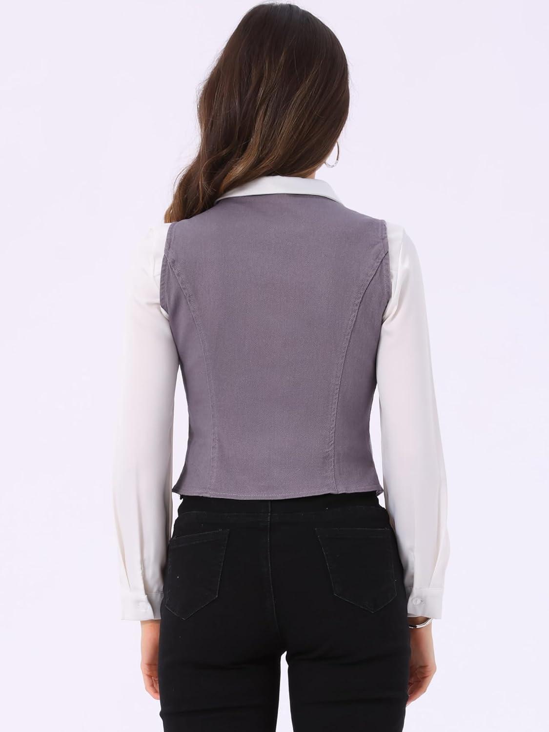 imageAllegra K Womens Denim Vest Waistcoat Button V Neck Western Casual Jean Sleeveless Crop JacketGray