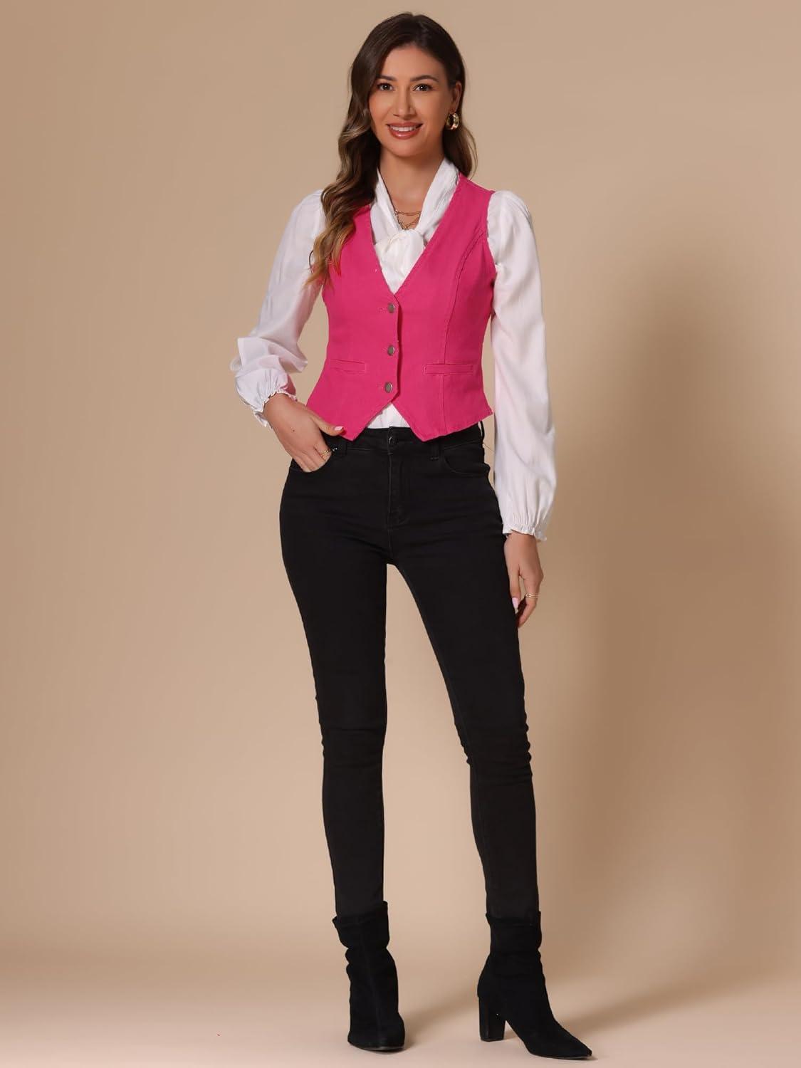imageAllegra K Womens Denim Vest Waistcoat Button V Neck Western Casual Jean Sleeveless Crop JacketHot Pink