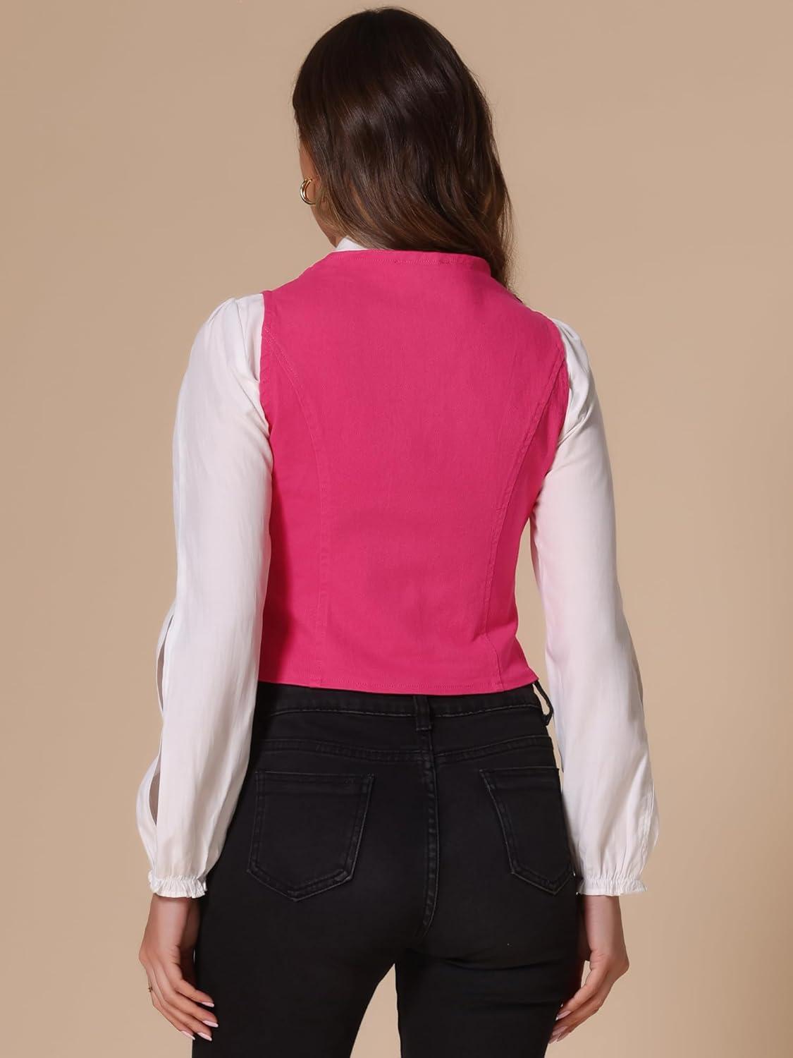 imageAllegra K Womens Denim Vest Waistcoat Button V Neck Western Casual Jean Sleeveless Crop JacketHot Pink