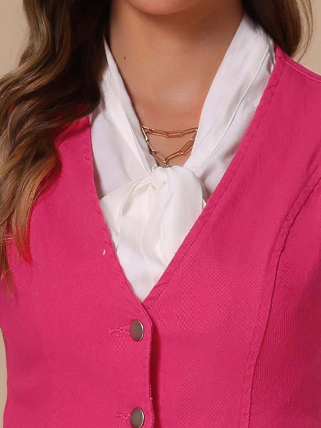 imageAllegra K Womens Denim Vest Waistcoat Button V Neck Western Casual Jean Sleeveless Crop JacketHot Pink