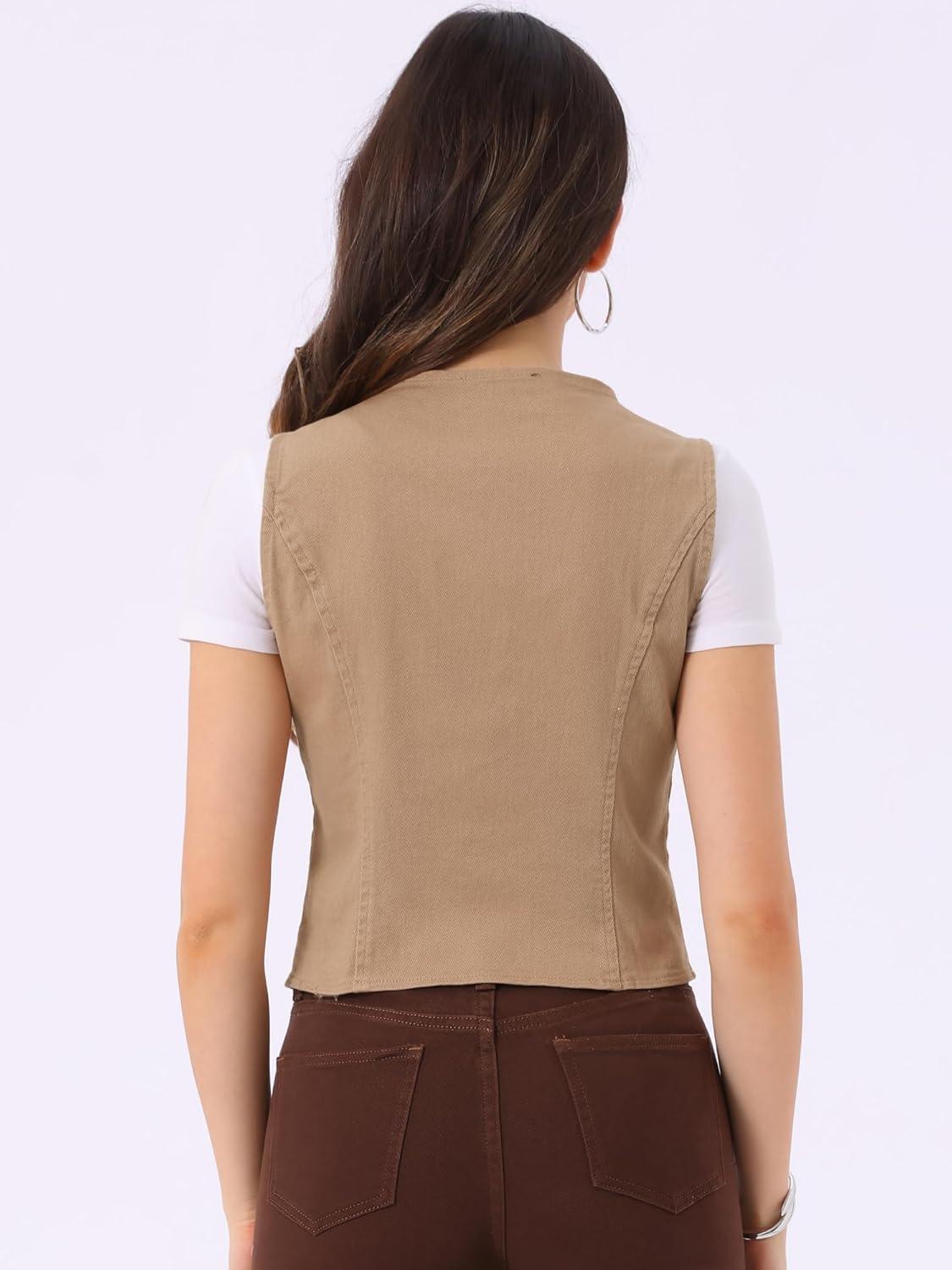 imageAllegra K Womens Denim Vest Waistcoat Button V Neck Western Casual Jean Sleeveless Crop JacketKhaki