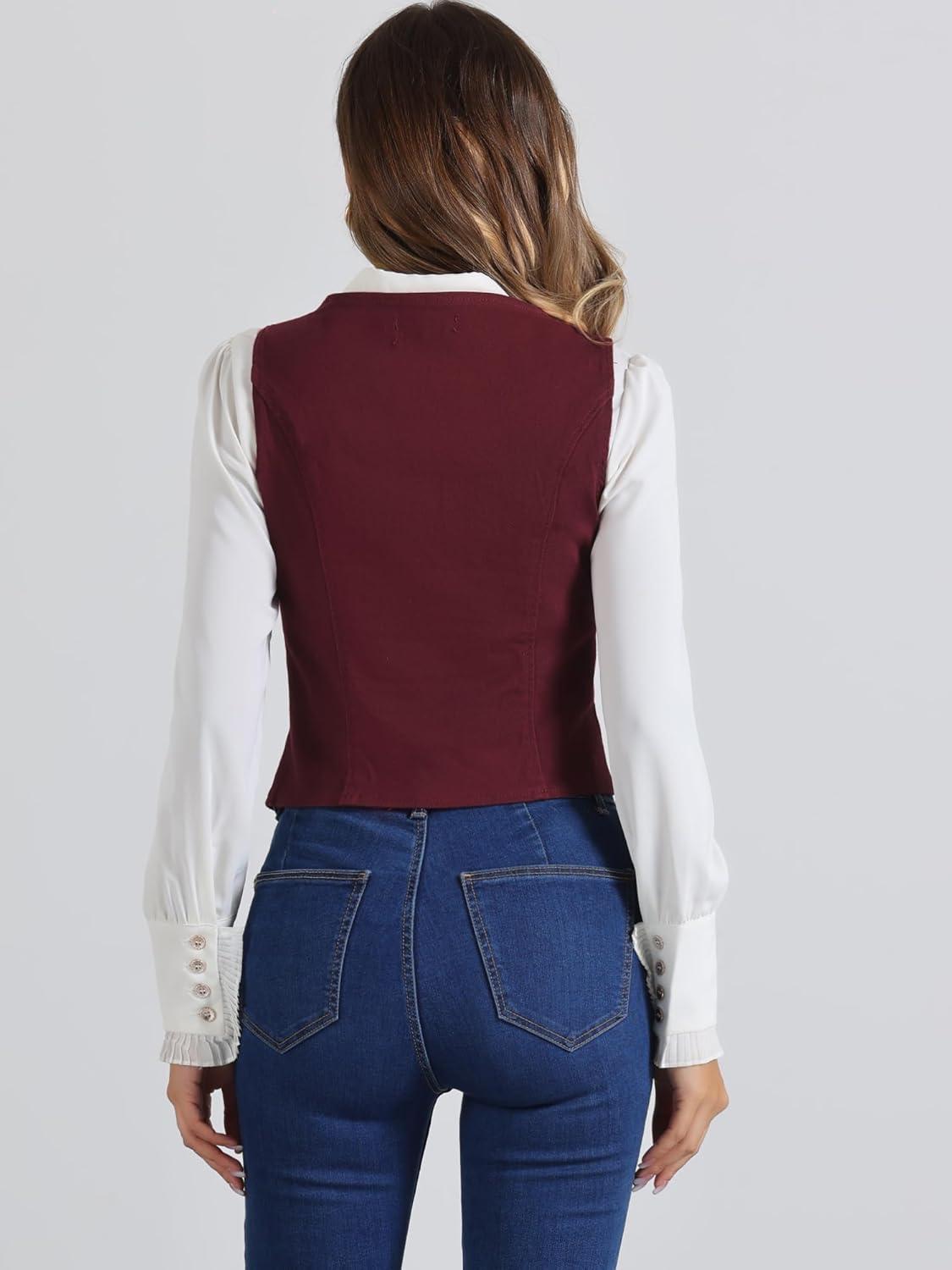 imageAllegra K Womens Denim Vest Waistcoat Button V Neck Western Casual Jean Sleeveless Crop JacketWine Red