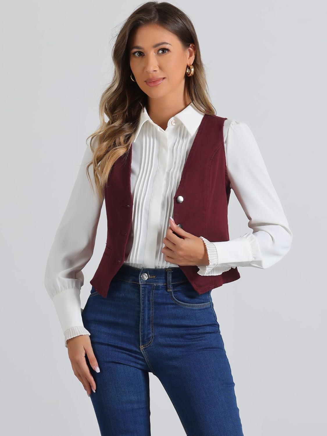 imageAllegra K Womens Denim Vest Waistcoat Button V Neck Western Casual Jean Sleeveless Crop JacketWine Red