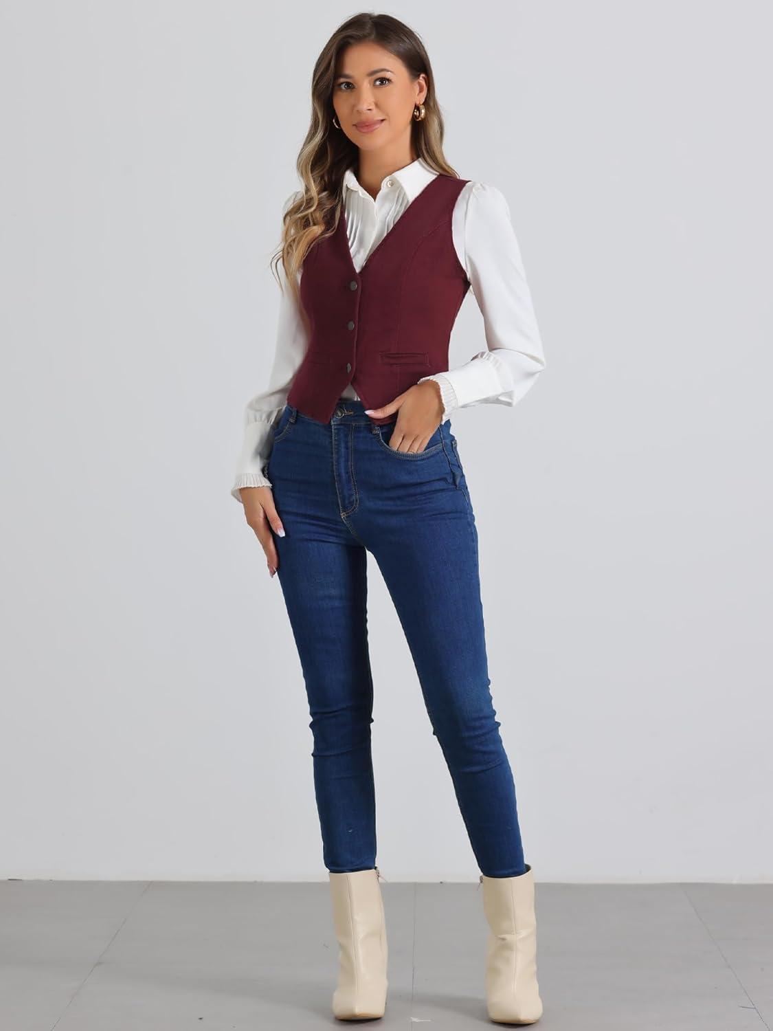 imageAllegra K Womens Denim Vest Waistcoat Button V Neck Western Casual Jean Sleeveless Crop JacketWine Red