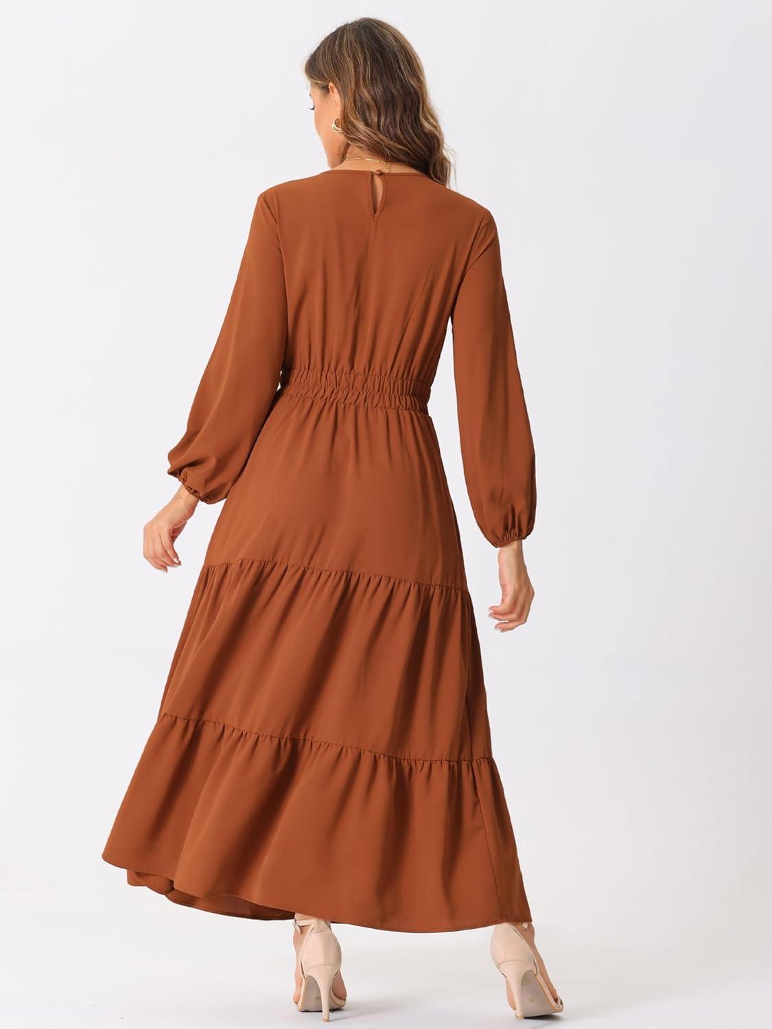 imageAllegra K Womens Fall Long Sleeve Dress Crewneck Casual Tiered Midi Dress with PocketsRust