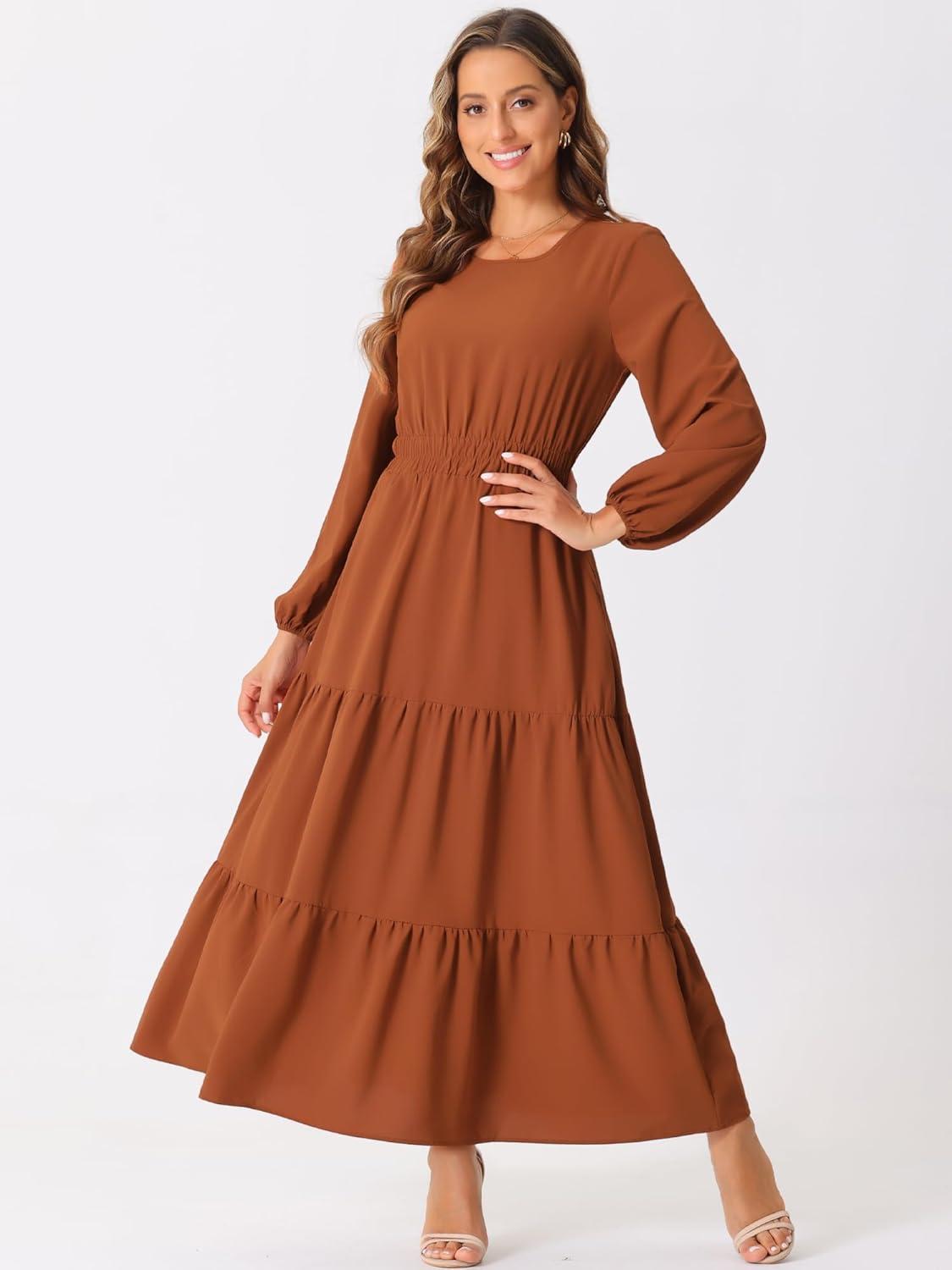 imageAllegra K Womens Fall Long Sleeve Dress Crewneck Casual Tiered Midi Dress with PocketsRust