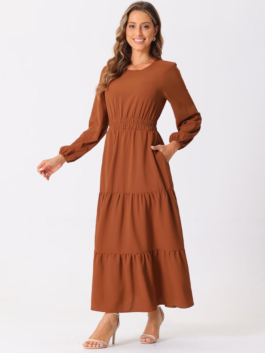 imageAllegra K Womens Fall Long Sleeve Dress Crewneck Casual Tiered Midi Dress with PocketsRust