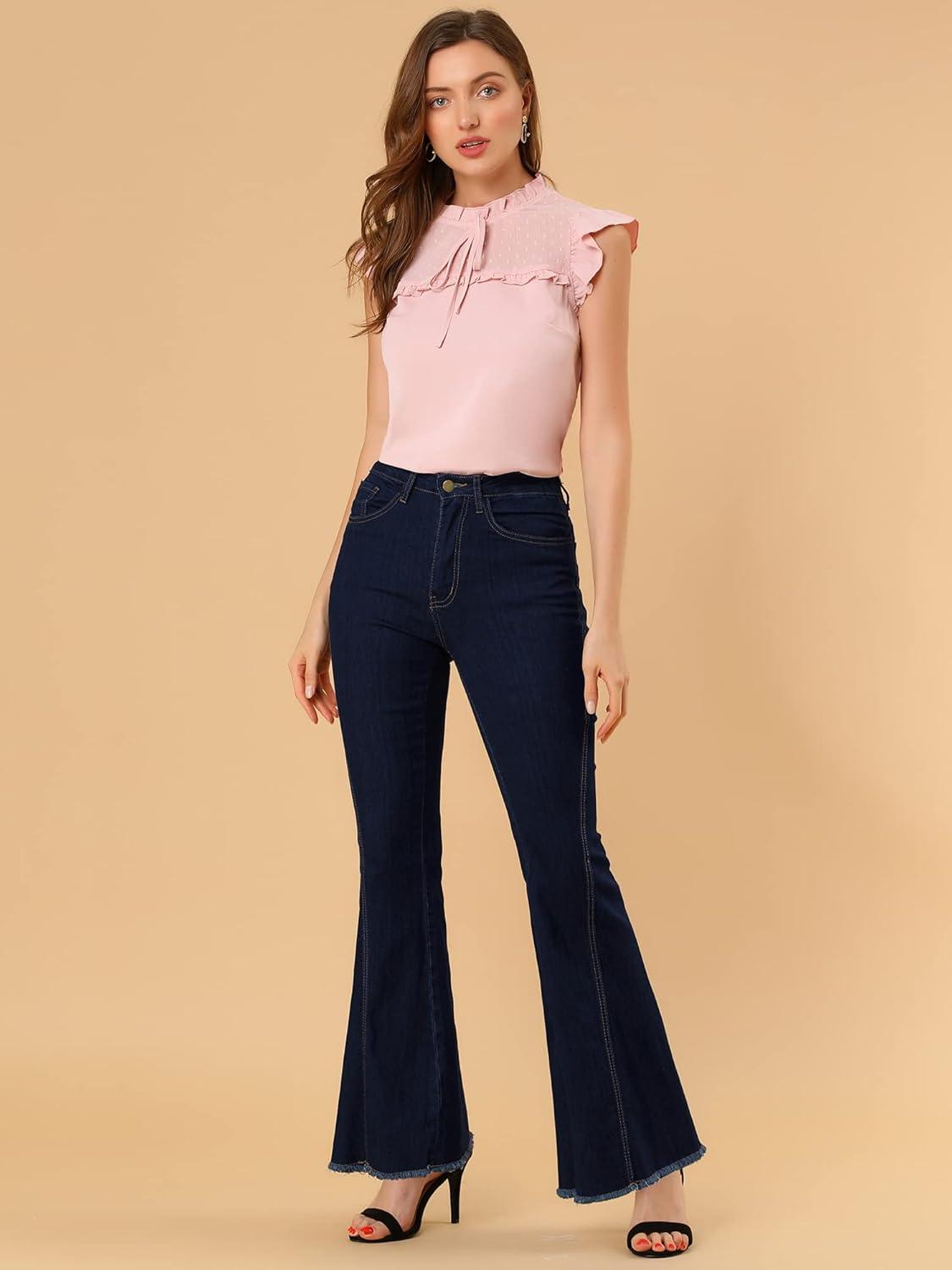 imageAllegra K Womens Flare Jeans 70s Vintage High Waist Stretch Denim Bell Bottom JeansBlackblue