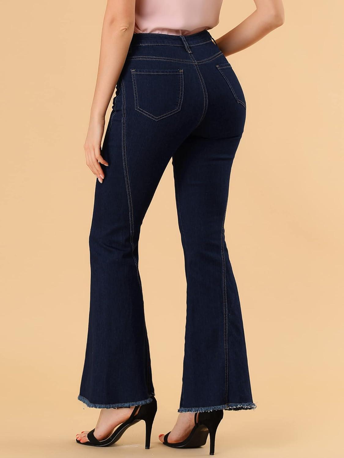 imageAllegra K Womens Flare Jeans 70s Vintage High Waist Stretch Denim Bell Bottom JeansBlackblue