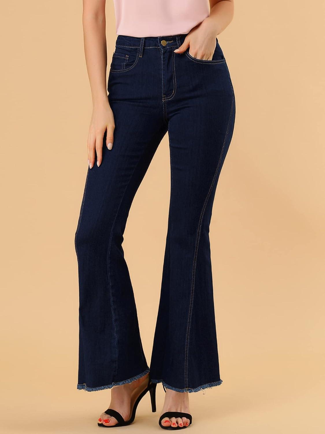 imageAllegra K Womens Flare Jeans 70s Vintage High Waist Stretch Denim Bell Bottom JeansBlackblue