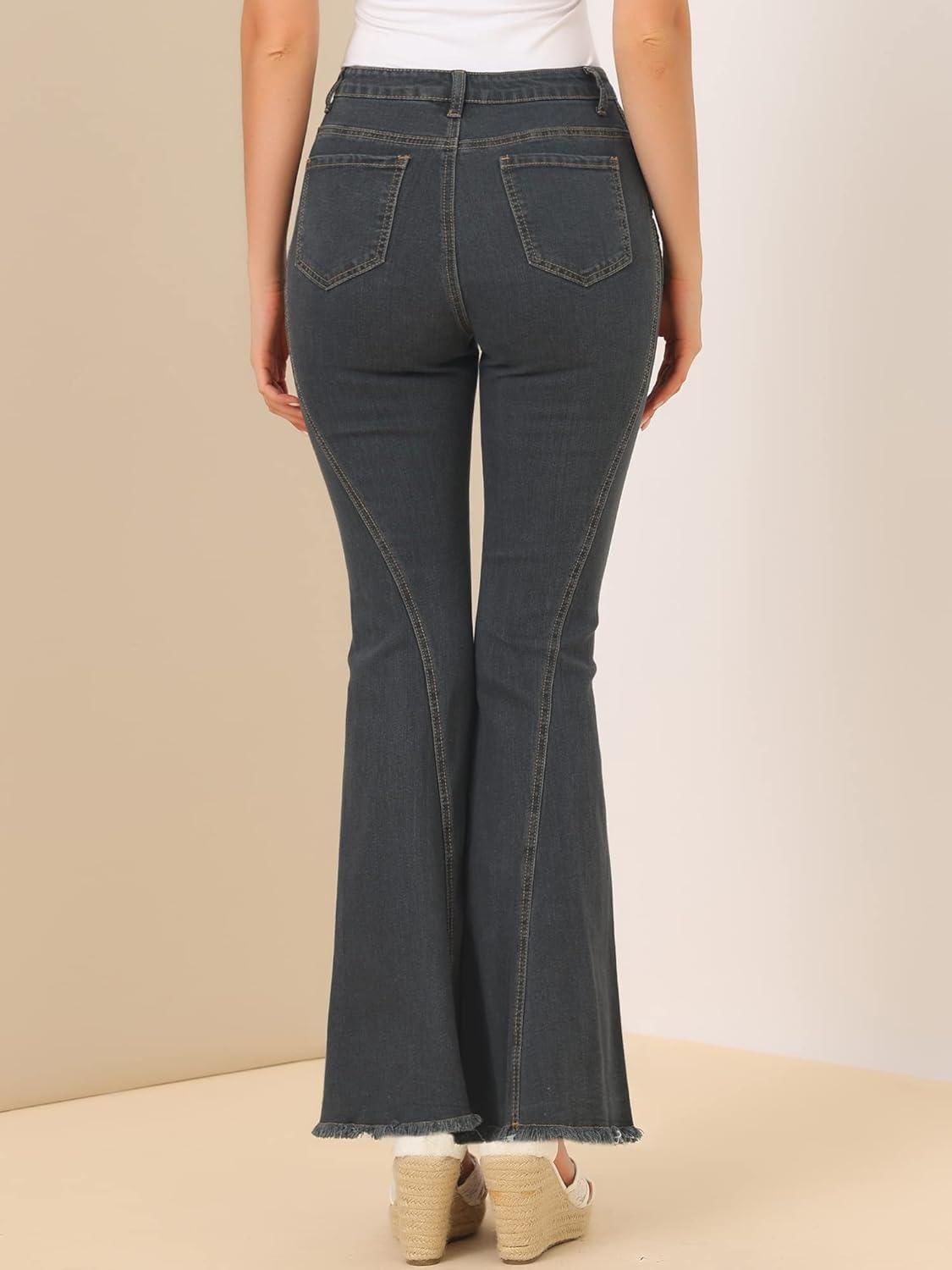 imageAllegra K Womens Flare Jeans 70s Vintage High Waist Stretch Denim Bell Bottom JeansBlackgrey