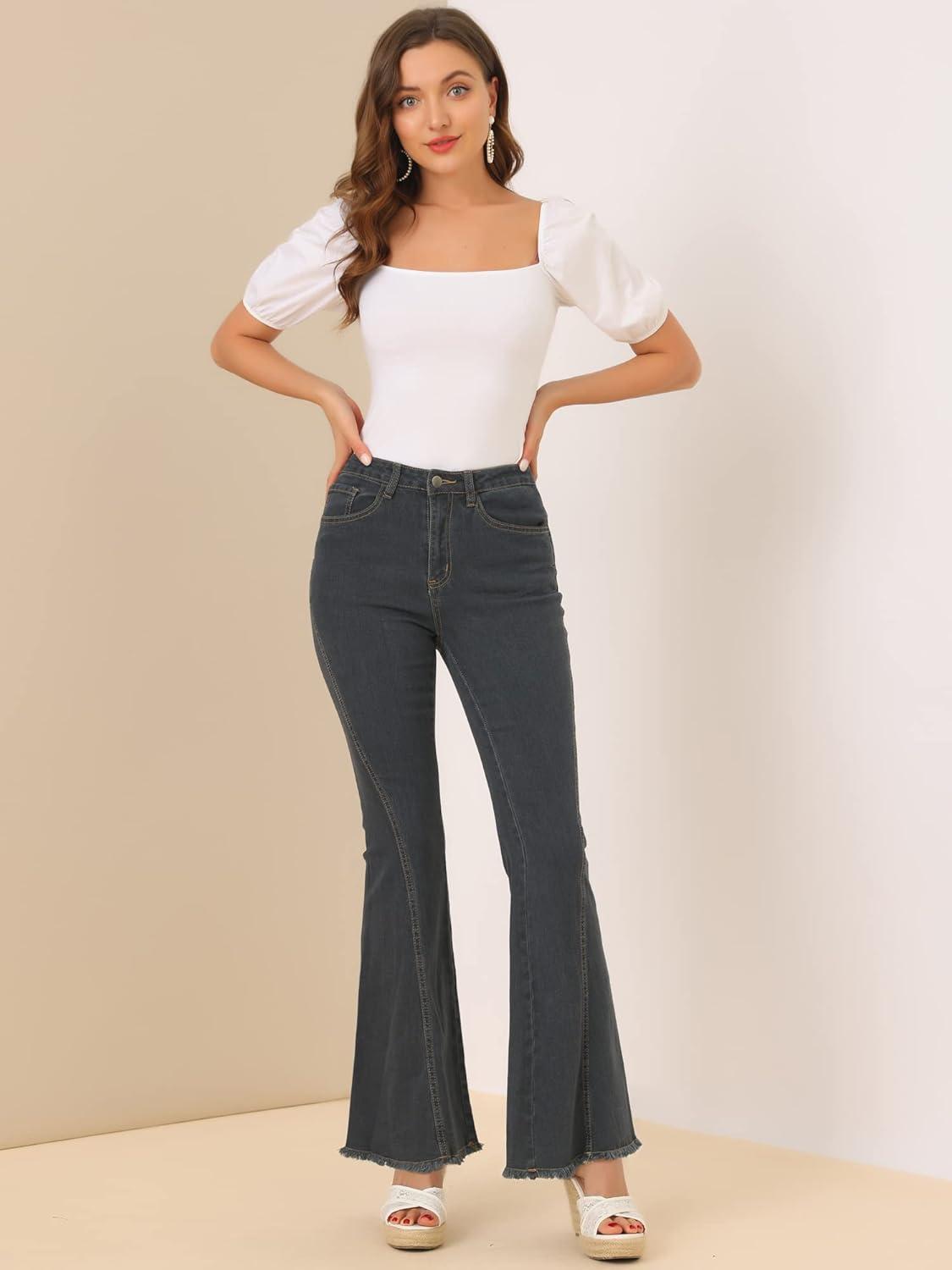 imageAllegra K Womens Flare Jeans 70s Vintage High Waist Stretch Denim Bell Bottom JeansBlackgrey