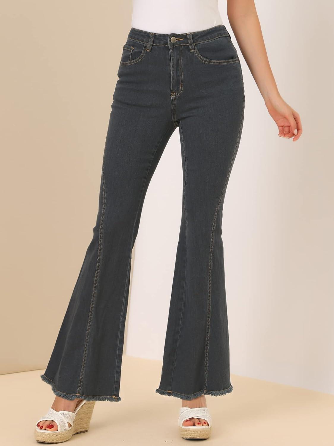 imageAllegra K Womens Flare Jeans 70s Vintage High Waist Stretch Denim Bell Bottom JeansBlackgrey