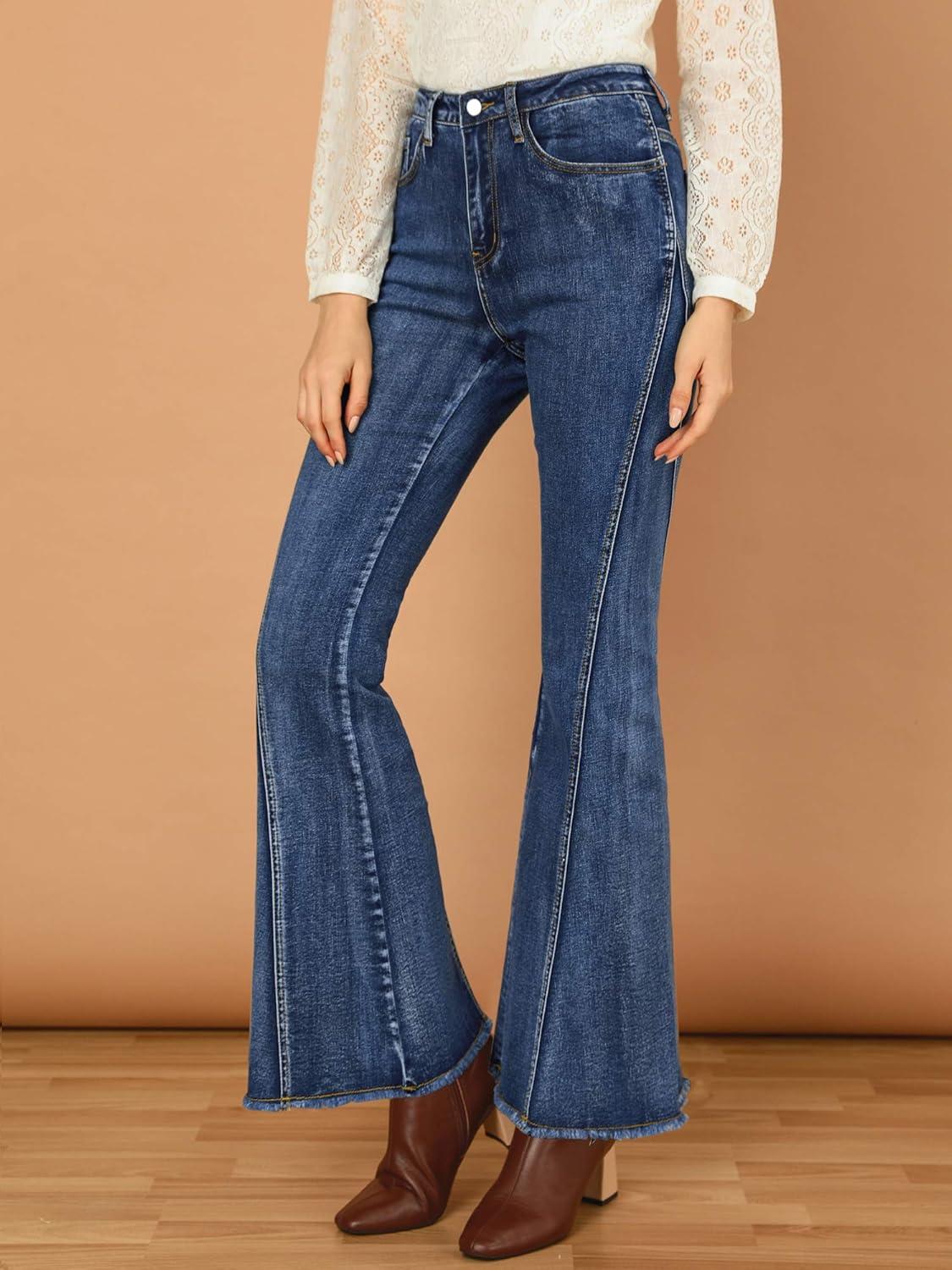 imageAllegra K Womens Flare Jeans 70s Vintage High Waist Stretch Denim Bell Bottom JeansBlue
