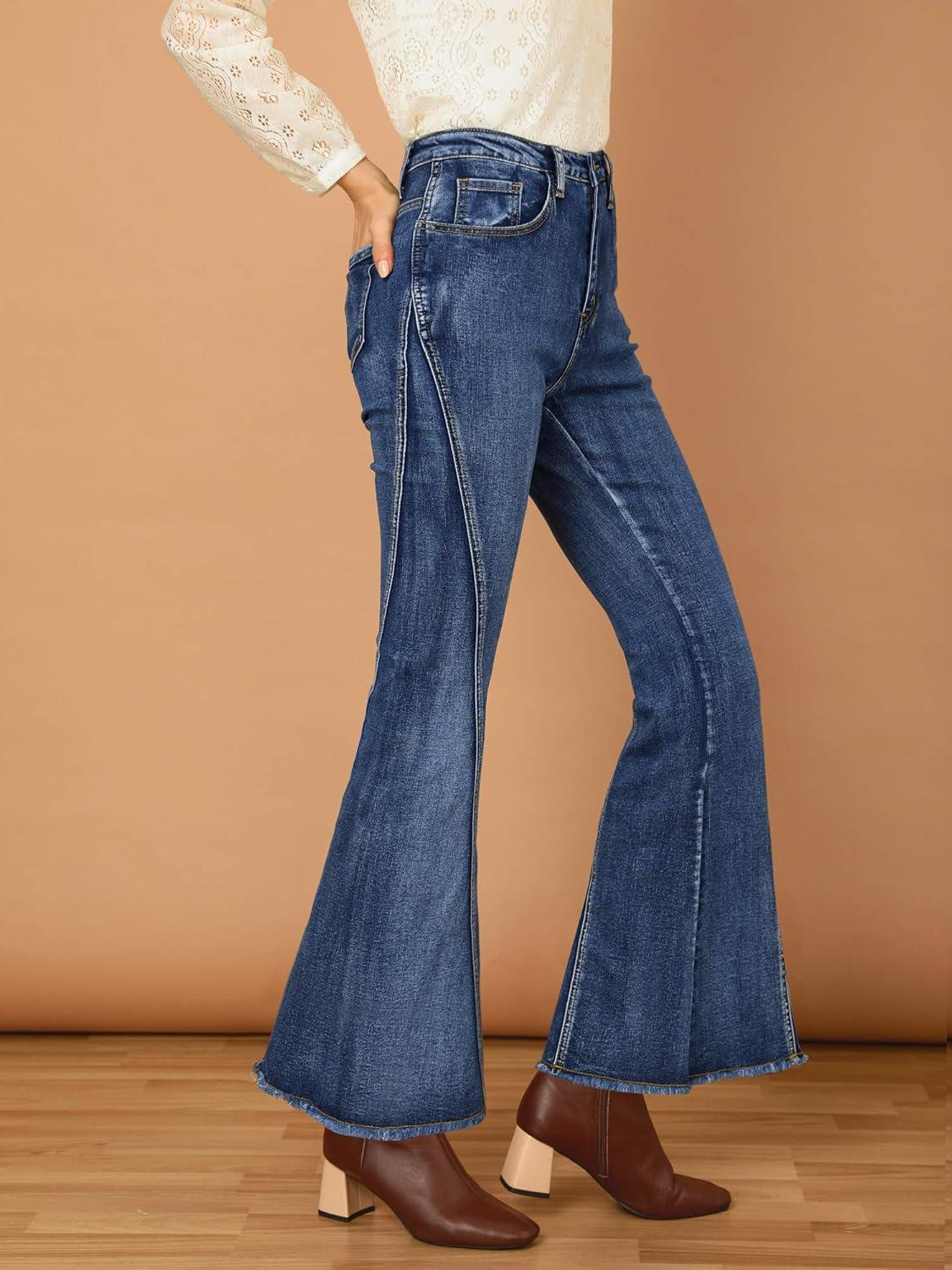 imageAllegra K Womens Flare Jeans 70s Vintage High Waist Stretch Denim Bell Bottom JeansBlue