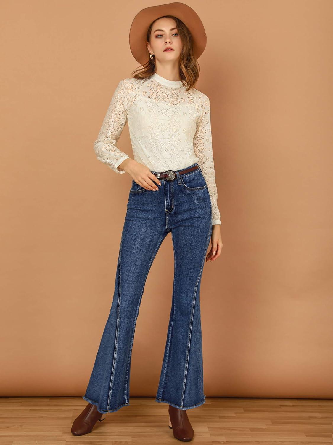 imageAllegra K Womens Flare Jeans 70s Vintage High Waist Stretch Denim Bell Bottom JeansBlue