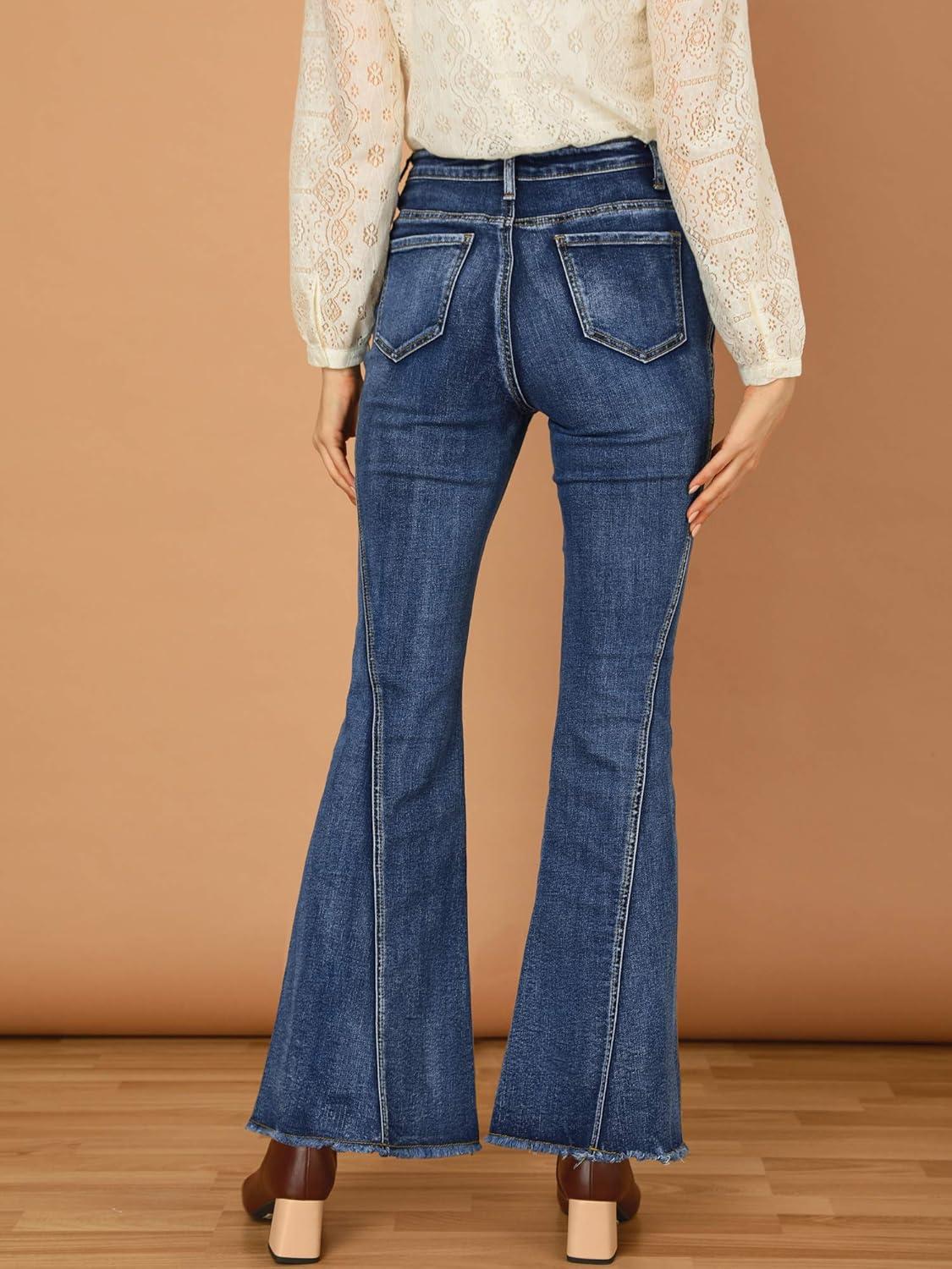 imageAllegra K Womens Flare Jeans 70s Vintage High Waist Stretch Denim Bell Bottom JeansBlue