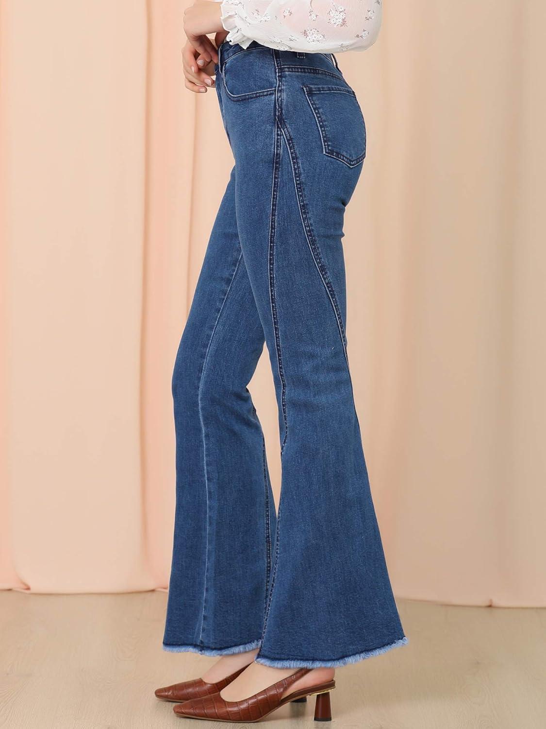 imageAllegra K Womens Flare Jeans 70s Vintage High Waist Stretch Denim Bell Bottom JeansDark Blue