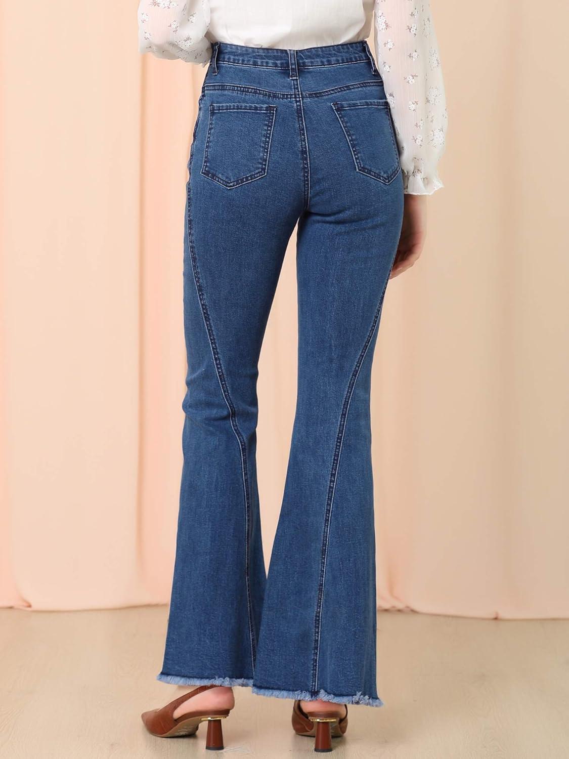 imageAllegra K Womens Flare Jeans 70s Vintage High Waist Stretch Denim Bell Bottom JeansDark Blue