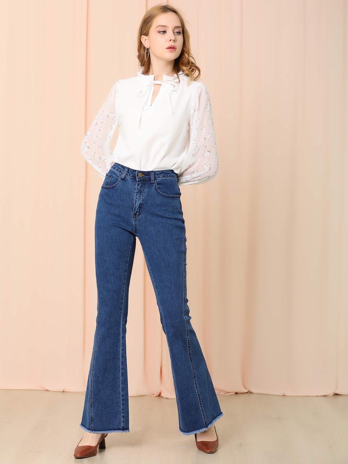 imageAllegra K Womens Flare Jeans 70s Vintage High Waist Stretch Denim Bell Bottom JeansDark Blue