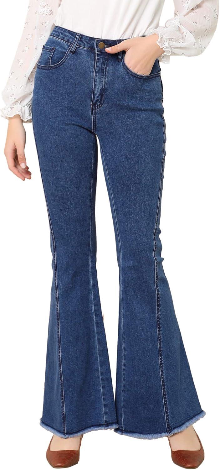 imageAllegra K Womens Flare Jeans 70s Vintage High Waist Stretch Denim Bell Bottom JeansDark Blue